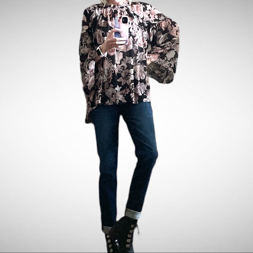 Loft Black Floral Boho Peasant Blouse L
